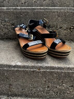 kate spade Black Patent Platform Espadrille Wedges with Gold Buckles